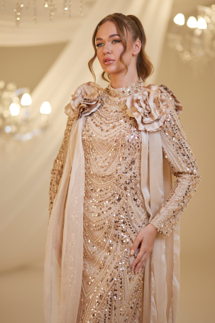 Beaded Flower Detail Mihrimah Evening Dress - Gold - 3