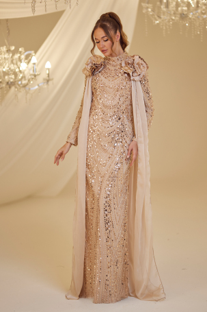 Beaded Flower Detail Mihrimah Evening Dress - Gold - 4