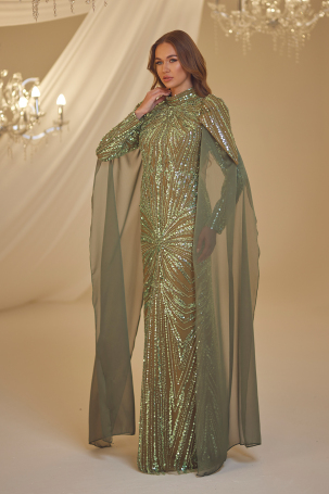 Beaded Işıl Evening Dress - Henna Green - Burak Baran