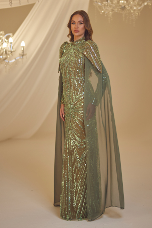 Beaded Işıl Evening Dress - Henna Green - 4