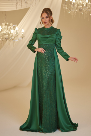 Beaded Satin Firdevs Evening Dress - Emerald - Burak Baran