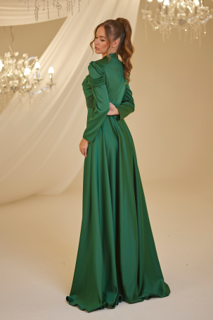 Beaded Satin Firdevs Evening Dress - Emerald - 2