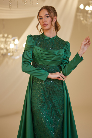 Beaded Satin Firdevs Evening Dress - Emerald - 3