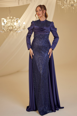 Beaded Satin Firdevs Evening Dress - Navy Blue - Burak Baran