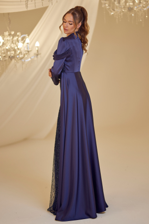 Beaded Satin Firdevs Evening Dress - Navy Blue - 2