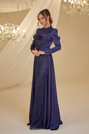 Beaded Satin Firdevs Evening Dress - Navy Blue - 4
