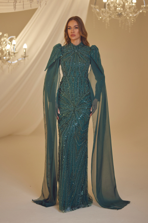 Beaded Shimmer Evening Dress - Emerald - Burak Baran