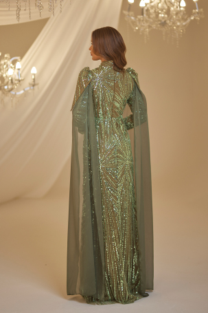 Beaded Shimmer Evening Dress - Emerald - 2