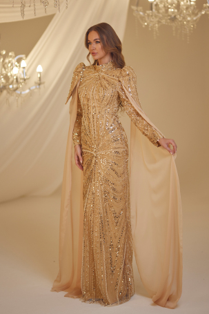 Beaded Shimmer Evening Dress - Gold - Burak Baran