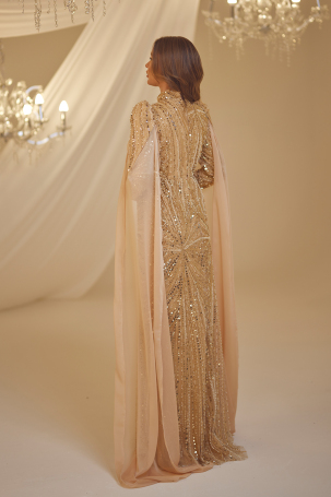 Beaded Shimmer Evening Dress - Gold - 2