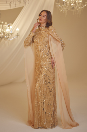 Beaded Shimmer Evening Dress - Gold - 4