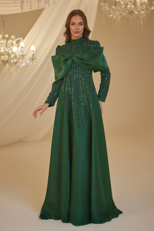 Bow Detail Fahriye Evening Dress - Emerald - Burak Baran