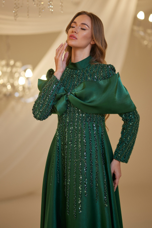 Bow Detail Fahriye Evening Dress - Emerald - 3
