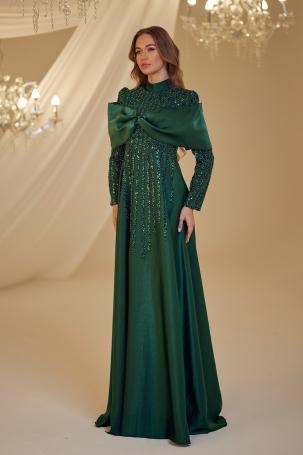 Bow Detail Fahriye Evening Dress - Emerald - 4