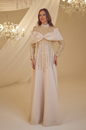 Bow Detail Fahriye Evening Dress - Mink - Burak Baran