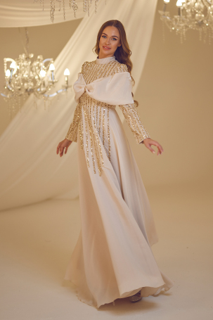 Bow Detail Fahriye Evening Dress - Mink - 4