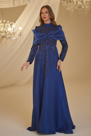 Bow Detail Fahriye Evening Dress - Navy Blue - Burak Baran