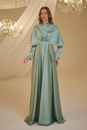 Cape Detail Motif Gülşah Evening Dress - Water Green - Burak Baran