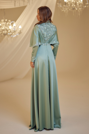 Cape Detail Motif Gülşah Evening Dress - Water Green - 2
