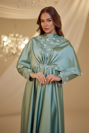 Cape Detail Motif Gülşah Evening Dress - Water Green - 3