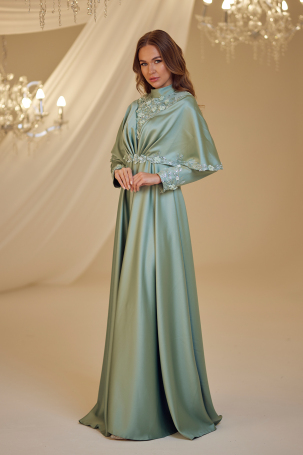 Cape Detail Motif Gülşah Evening Dress - Water Green - 4