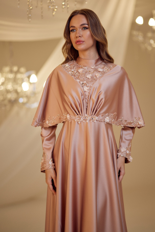 Cape Motif Detail Gülşah Evening Dress - Dusty Rose - 3