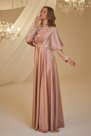 Cape Motif Detail Gülşah Evening Dress - Dusty Rose - 4