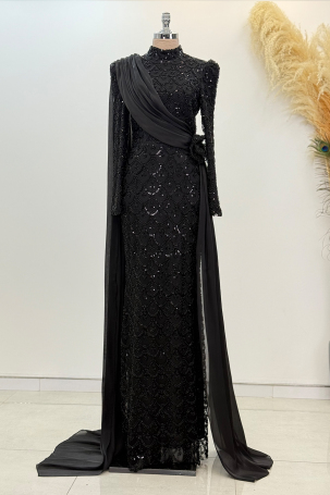 Chiffon Cape Detail Beaded Milena Evening Dress - Black 