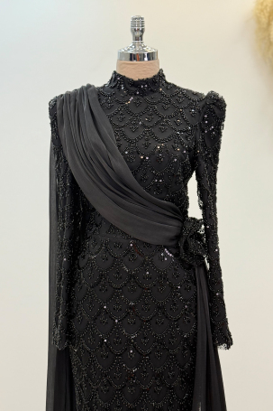 Chiffon Cape Detail Beaded Milena Evening Dress - Black - 3