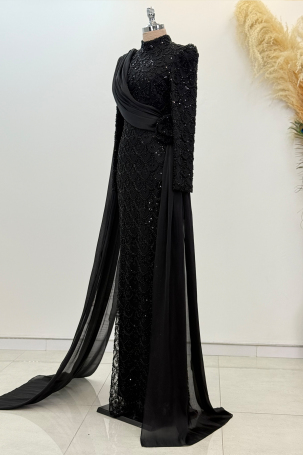 Chiffon Cape Detail Beaded Milena Evening Dress - Black - 4