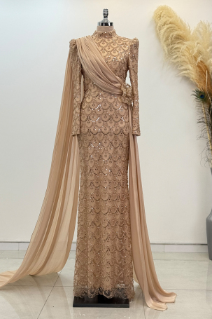 Chiffon Cape Detail Beaded Milena Evening Dress - Gold 