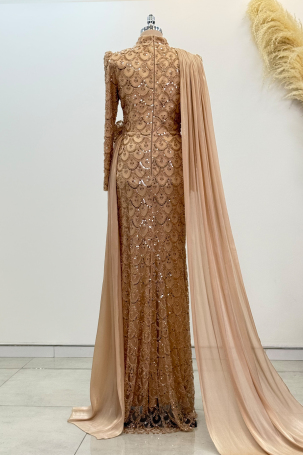 Chiffon Cape Detail Beaded Milena Evening Dress - Gold - 2
