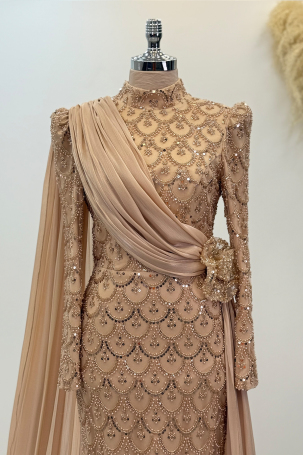 Chiffon Cape Detail Beaded Milena Evening Dress - Gold - 3