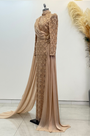Chiffon Cape Detail Beaded Milena Evening Dress - Gold - 4