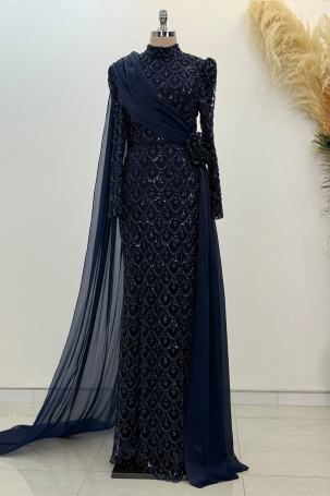 Chiffon Cape Detail Beaded Milena Evening Dress - Navy Blue - 1