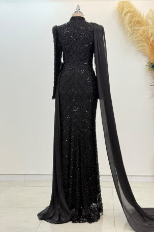 Chiffon Cape Detail Beaded Milena Evening Dress - Navy Blue - 2