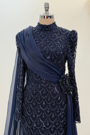 Chiffon Cape Detail Beaded Milena Evening Dress - Navy Blue - 3