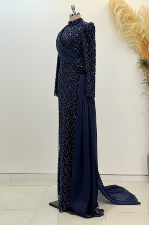 Chiffon Cape Detail Beaded Milena Evening Dress - Navy Blue - 4