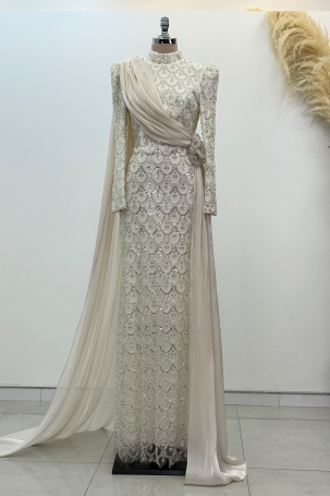 Chiffon Cape Detail Beaded Milena Evening Dress - White 