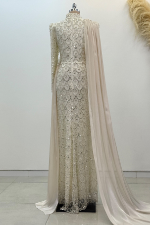 Chiffon Cape Detail Beaded Milena Evening Dress - White - 2