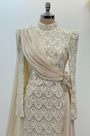 Chiffon Cape Detail Beaded Milena Evening Dress - White - 3