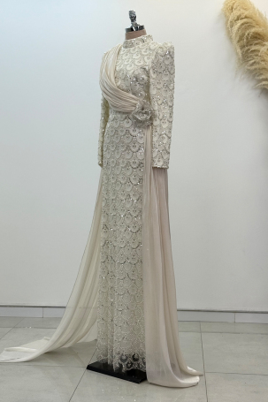 Chiffon Cape Detail Beaded Milena Evening Dress - White - 4