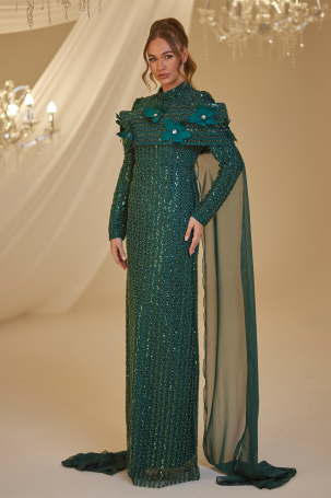 Cloaked Flower Detail Hafsa Evening Dress - Emerald 