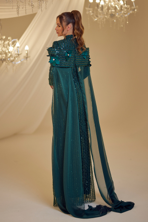 Cloaked Flower Detail Hafsa Evening Dress - Emerald - 2
