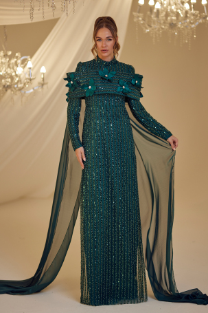 Cloaked Flower Detail Hafsa Evening Dress - Emerald - 4