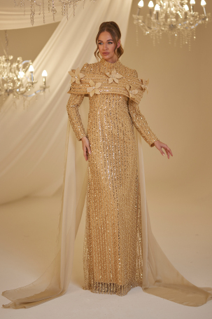Cloaked Flower Detail Hafsa Evening Dress - Gold - 1