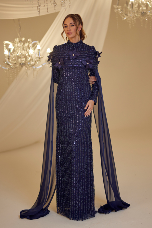 Cloaked Flower Detail Hafsa Evening Dress - Navy Blue 