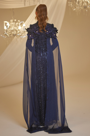 Cloaked Flower Detail Hafsa Evening Dress - Navy Blue - 2