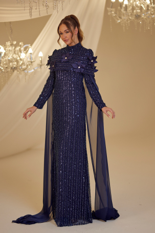 Cloaked Flower Detail Hafsa Evening Dress - Navy Blue - 4