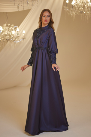 Cloaked Motif Detail Gülşah Evening Dress - Navy Blue - 2
